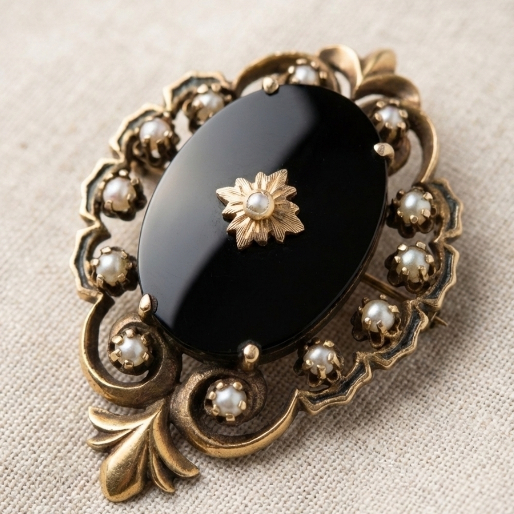 Momento Mori Victorian 14k Gold Onyx Seed Pearl Brooch Pendant